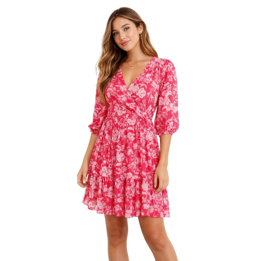 BA&SH Ulia Wrap Mini Dress Pink Floral Tiered Summer Size M